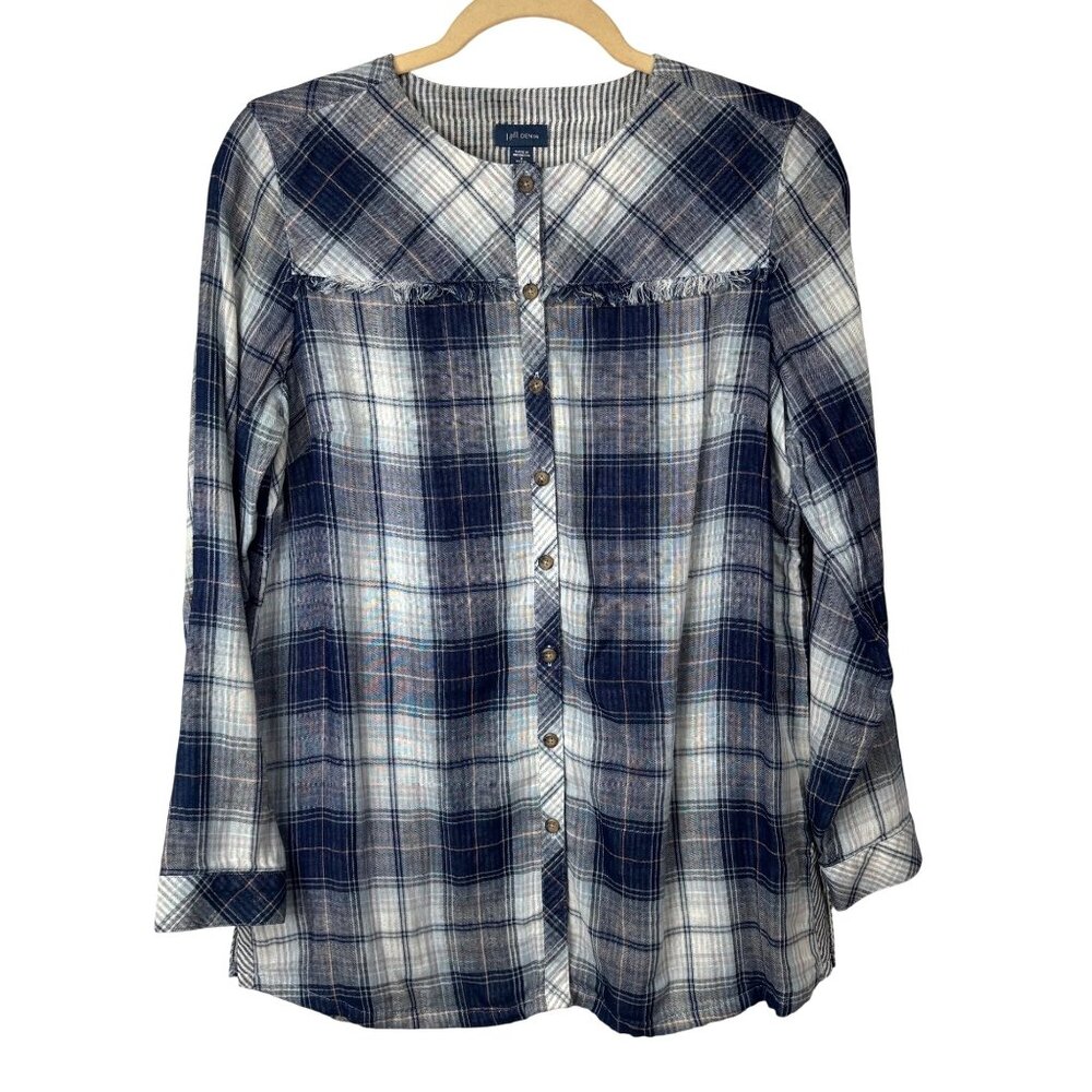 J. Jill Denim S P Blue White Plaid Button-Up Long Sleeve Cotton Top Blouse With